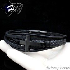 8.5"MEN WOMEN Stainless Steel Black Plated Cross Braided Leather Bracelet BB109
