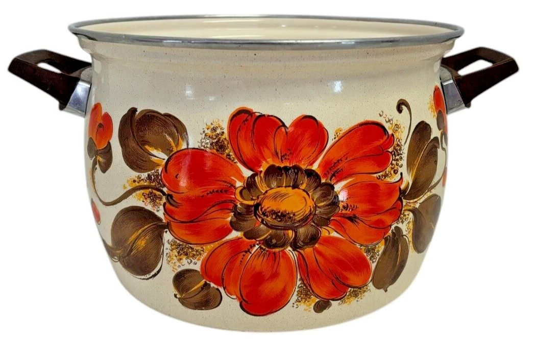 Vintage Moneta Enamel Double Handle Dutch Oven #22 Floral 1970s Made in Italy