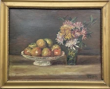 Wilhelm Karl Robra 1876-1945 Nouveau Still Life With Fruit Bowl Chrysanthemums