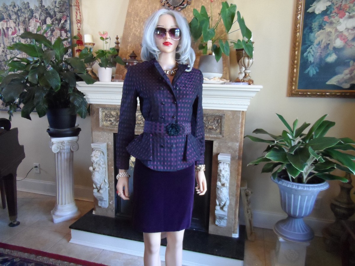 Gucci Purple & Black Belted 100% Silk Jacket & Velvet Skirt Suit 