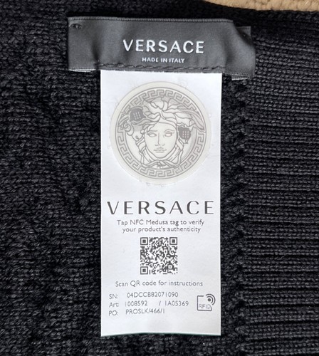 NWT Versace La Greca Greek Key Logo Black Jacquard Rib Knit Wool Long Scarf $750 - Picture 16 of 24