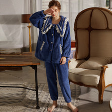 Flannel Pajamas Ladies Winter Coral Fleece Homewear Pajamas Set Lady Navy blue