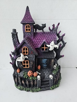 Halloween Light Up Ceramic Haunted House Spooky Cat Skull Pumking Retired 13'' 