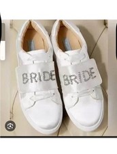 White Rhinestone Hook  Loop Wedding Sneakers Low Top Athletic Shoes for Women