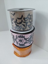 LOT of 3 Halloween Wired Ribbon 2.5 in x 6.6byd Polyester Skulls Bats NEW