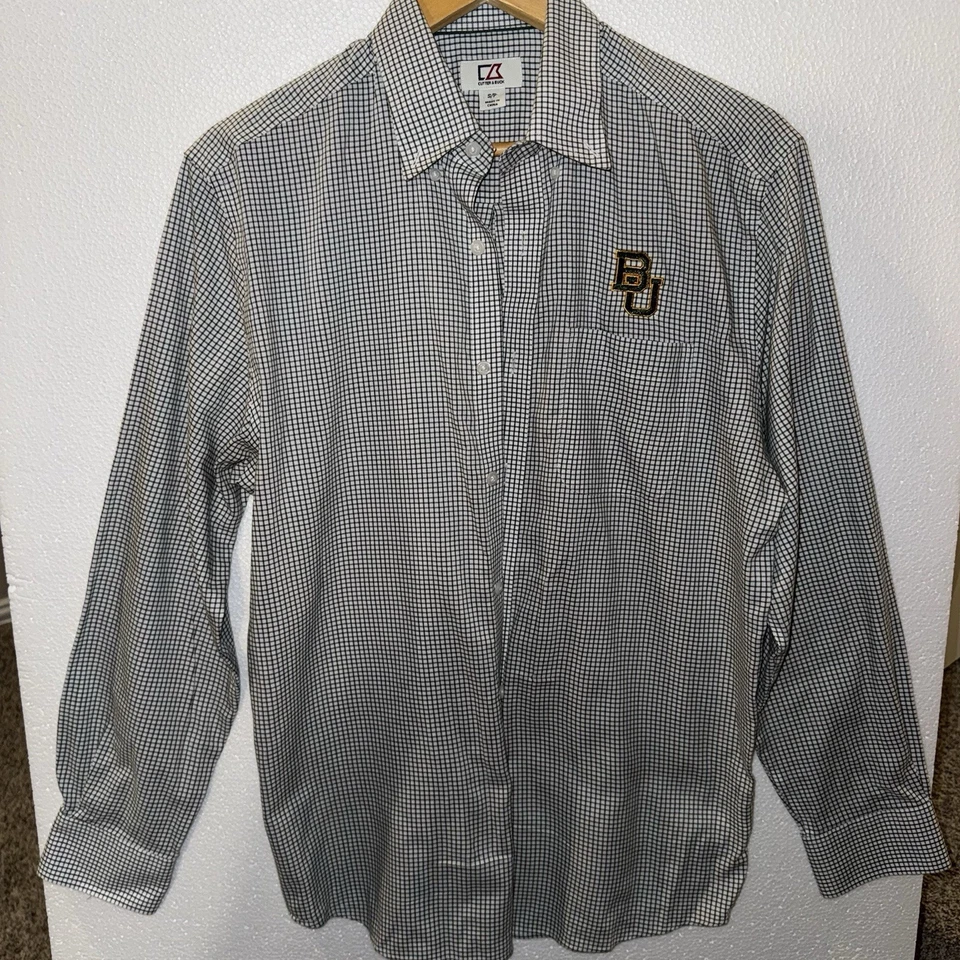 Camisa pequeña Cutter&Buck Baylor University blanca verde a cuadros guinga manga larga Foto 3 de 4