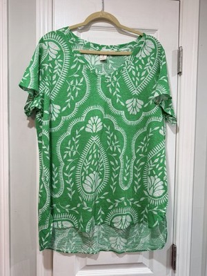 NWOT Joie Size 1X Green 100% Linen Mandala Short Sleeve Split Hem Tunic Top