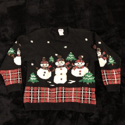 Ugly Christmas Sweater Womens  PBJ Sport Snowman Trees Plaid Pom Poms Large
