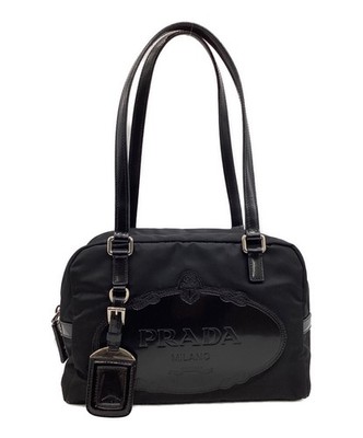 PRADA Mini Boston Bag Nylon Lackleder schwarz Damen Schulter Logoprägung