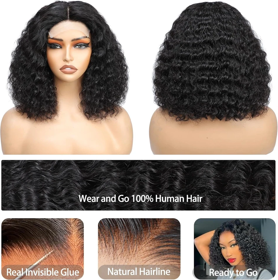 Curly Bob Wear and Go Glueless Wig Human Hair Pre Plucked Pre Cut 4x4 Lace Wig - Image 3 of 4