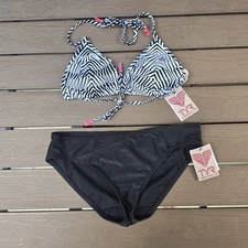 TYR Womens Zig Zag Laser Ruffle White/black String Top & Solid Bottom Sz L New