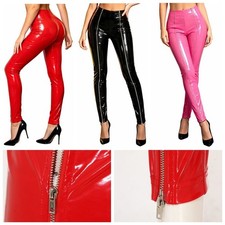 US Women Glossy Y2k PU Leather Trousers High Waist Skinny Zip Pants Wet Look