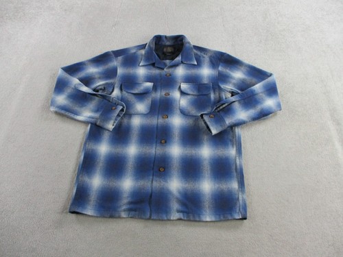 Pendleton Board Shirt Men Medium Blue Shadow Plaid Wool Loop Camp Collar Vintage