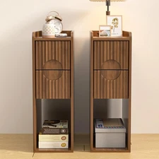 Narrow Fluted Nightstand Set of 2, Wooden Small 2 Drawer Nightstand