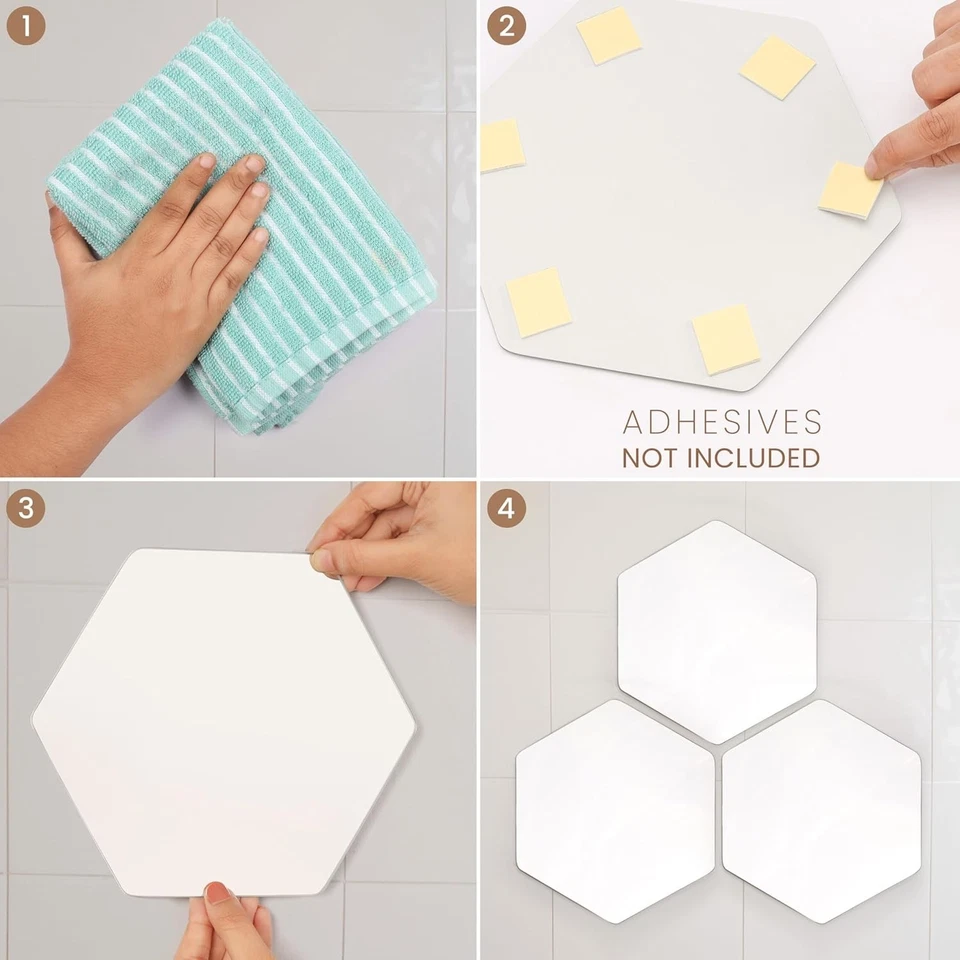 Hexagon Mirror Glass Tiles - 20.5 x 18cm/8 x 7 Inches - Stick On Wall (9 Pack) - Image 4 of 4