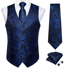 S-5XL Mens Waistcoat Royal Blue Paisley Vest Tie Hankie Cufflinks Wedding Formal