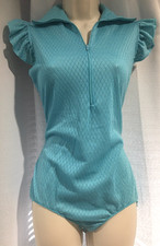 Vtg Blue Diamond Print Nylon Bodysuit Zip Wide Collar Top M USA