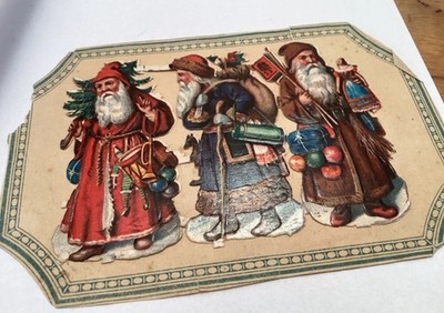 Alte Oblate Glanzbilder Scraps  Weihnachtsmann Nikolaus Sack Geschenke ca.6 cm
