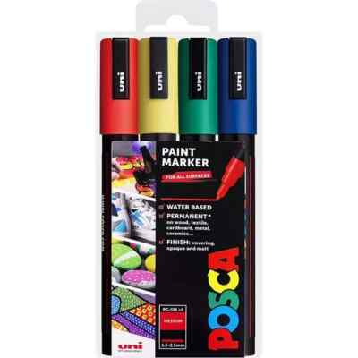 Uni Posca PC-5M Paint Marker 4 Standard Primary Colours Medium Bundle (X2 Packs)
