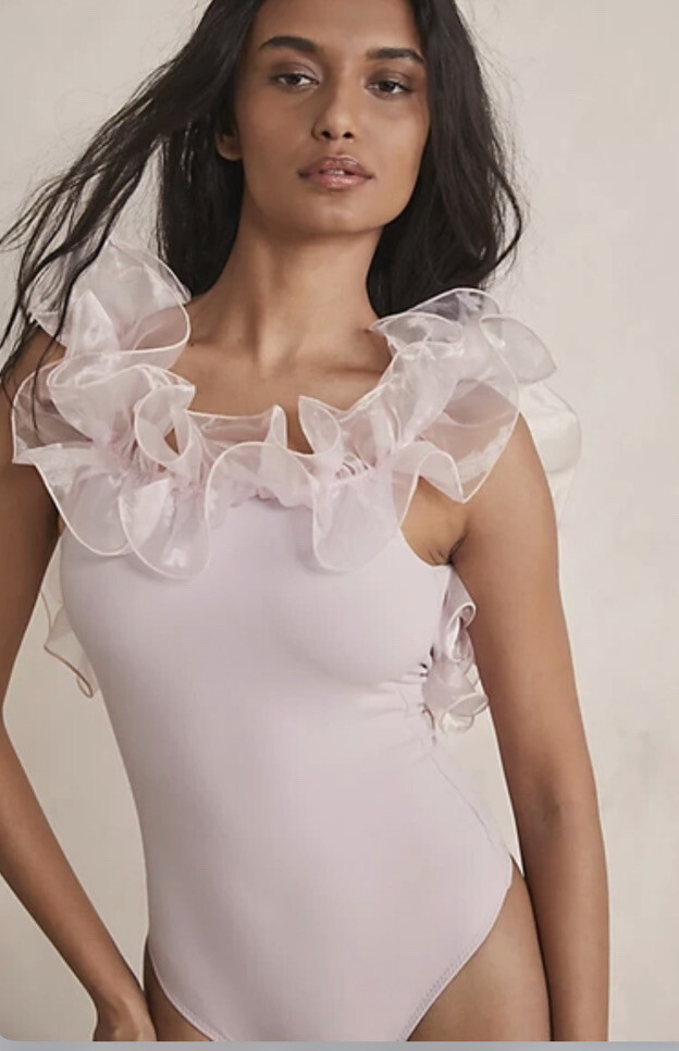 Free People Haute Wired Bodysuit Ruffles Tulle Trim SilverBerry XS