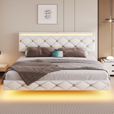 King Size Floating Bed Frame Modern Inspired Platform Bed with LED Light White