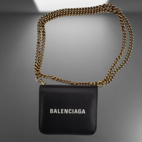 BALENCIAGA Portafoglio Catena Autentico Cinturino Catena Oro Pelle Nera Tracolla