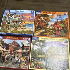 White Mountain Puzzles Lot Of 4- Beach Sunset, Autumn barn, Farmers Market Etc