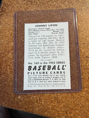 1977 Dover Publications 1952 Bowman Reprint # 163 Johnny Lipon - Picture 4 of 8