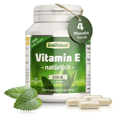 GREENFOOD Vitamin E, 200 iE, 120 Kapseln, Vegi-Kapseln, vegan.