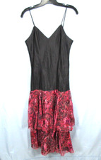 VTG ANN HOBBS For CATTIVA Black SILK Metallic Pink RUFFLE TIERED Slip Dress Sz 8