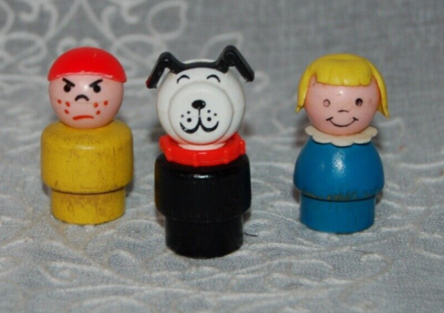 Set of 3 Vintage 1970s Fisher Price Little People Wood Body Plastic Heads Dog - Picture 1 of 5