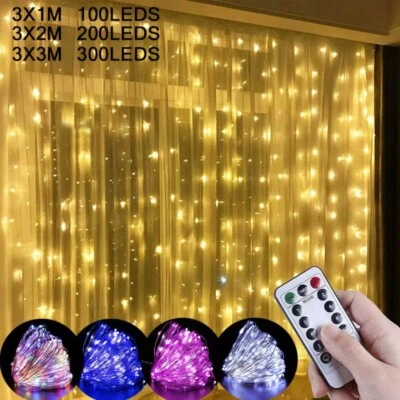 USB LED Window Curtain Fairy String Garden Lights Remote Copper Wire 3M XMAS UK