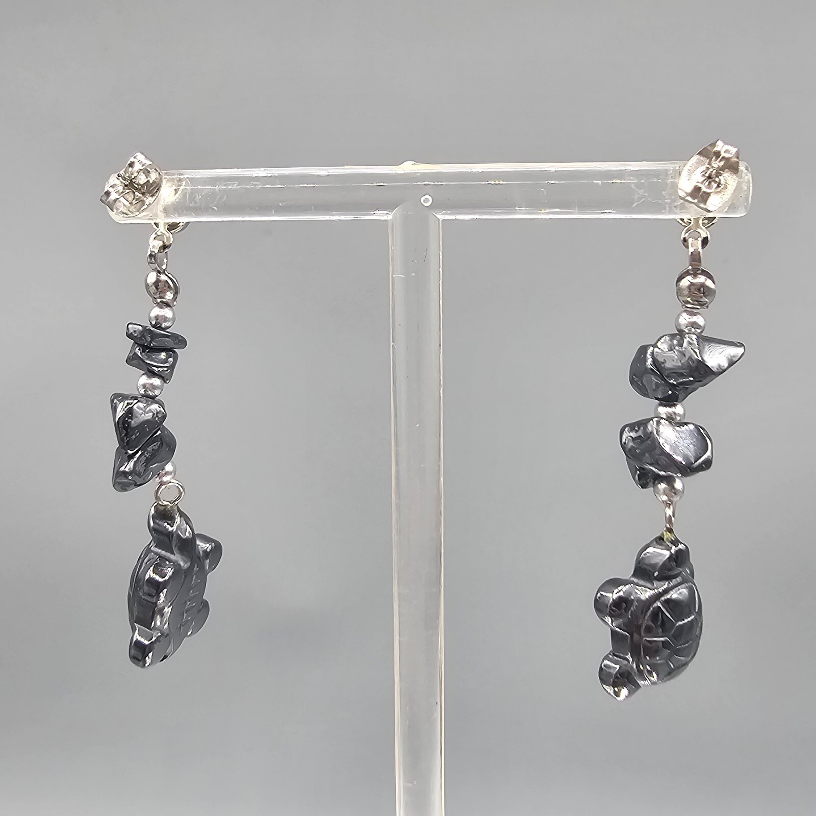 Hematite Turtle Earrings Beaded Dangle Pierced Ea… - image 7