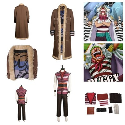 Anime One Piece: The Clown Buggy Cosplay Striped outfits and Plush Jacket Coat