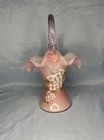 Fenton Glass Rosemilk Overlay Basket Handpainted w/  Hydrangeas Signed 9” Tall