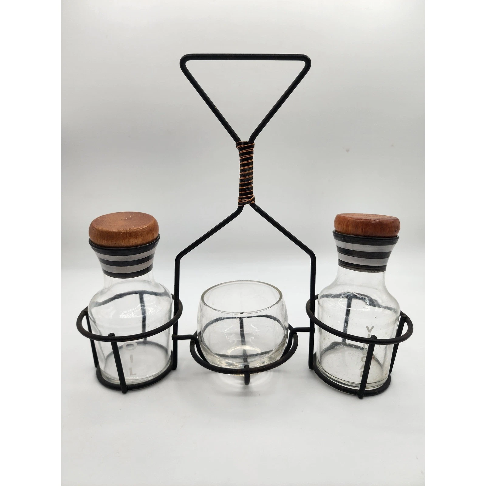 Oil Vinegar Cruet Set Glass Bottles Wood Lids Metal Caddy Organizer
