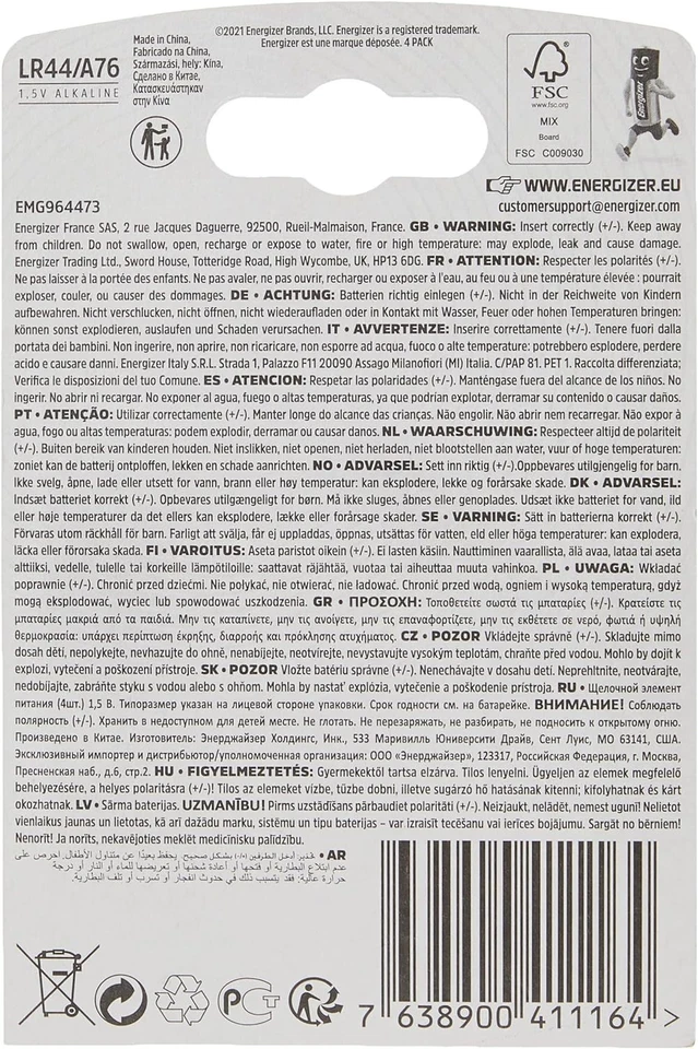 Energizer LR44 A76 Alkaline Batteries 1.5V Button Cell 4 Pack AG13 V13GA UK - Image 2 of 4