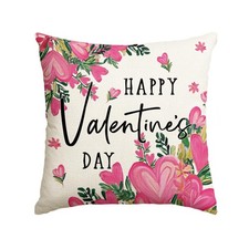 Happy Valentine's Day Love Heart Pink Flowers Throw Pillow Cover, 18 x 18 Inch G
