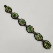 Vintage Link Bracelet Green Stone Chips Victorian Revival Style 7"
