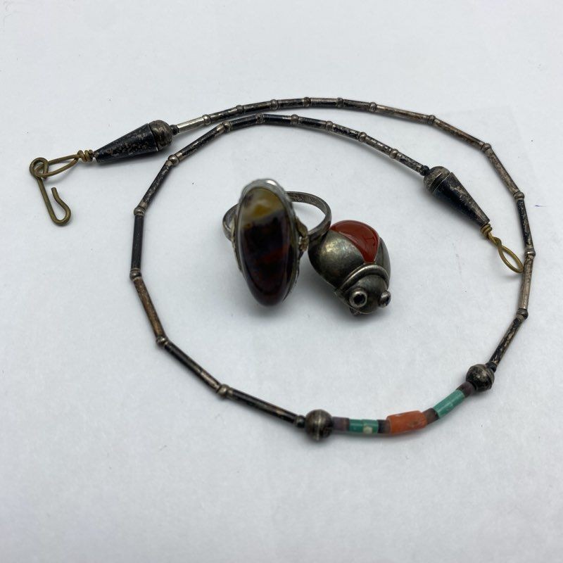 Vintage 925 Sterling Silver Carnelian Ladybug Jewelry Set Necklace Ring Size 8