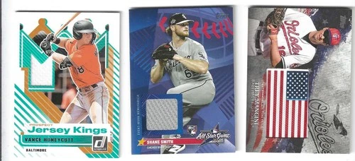 3 Baseball Memorabilia Cards: Vance Honeycutt, Shane Smith, Trey Mancini