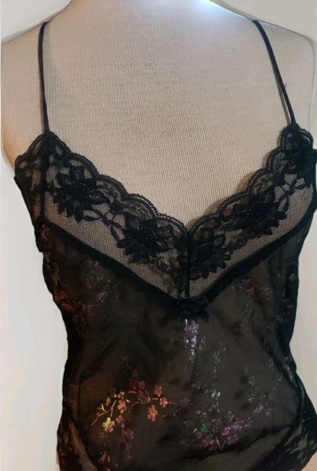 Fantasy Lingerie See Through Mesh Lace Teddy Black with Pink Flowers Small VTG - Image 3 of 4