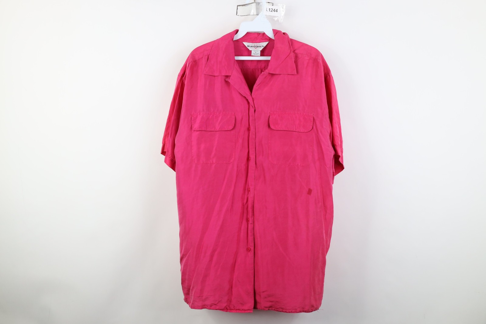 Vtg 90s Streetwear Womens Large Looped Collar Silk Collared Button Shirt Pink