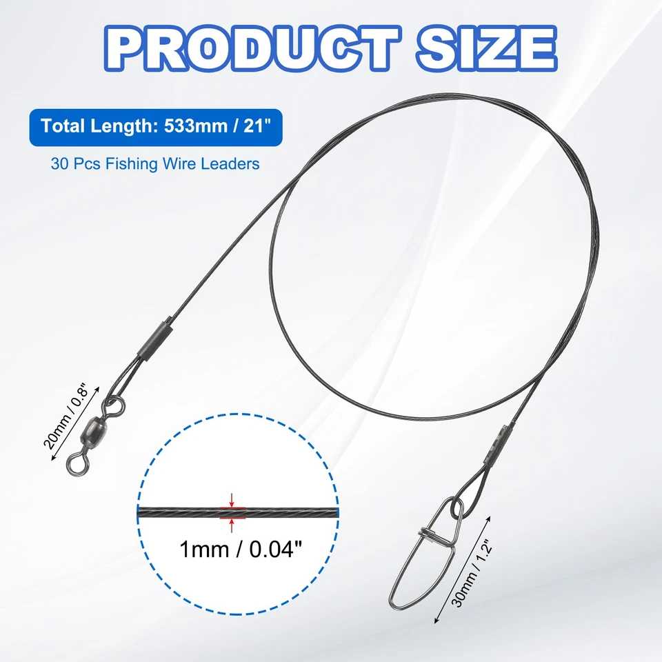 30Pcs Steel Fishing Wire Leader Line with Swivel and Snap 125LB 21 Inch, Black Foto 2 de 4