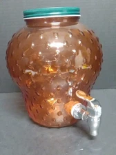 Summer Red Glass Strawberry Drink Dispenser 9" Never Used Green Lid