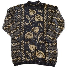 Vintage 80s Sweater Dana Scott Womens  Black  Gold Roses USA