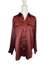 Simply Vera Vera Wang Shirt Size S Plum Burgundy Satin Utility Pockets Women's