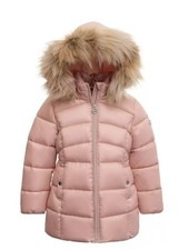 MICHAEL KORS Girls Faux Fur Hooded Puffer Jacket Size 14 16 Pink Full Zip Up