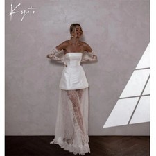 Strapless WhiteSatin WeddingDress Detachable LongLaceTrain And Sleeves Zip Back