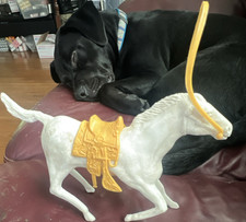White Plastic Horse Model Figurine with Yellow Removable Saddle and Bridle